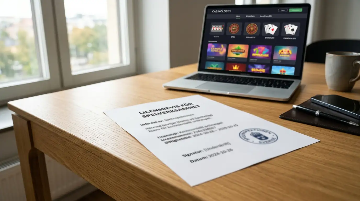 Casino utan spelpaus 2026 översikt med licensdokument och laptop